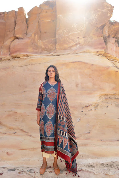 Ethnic Printed Cotton Kurta Set With Dupatta – Blue & Maroon