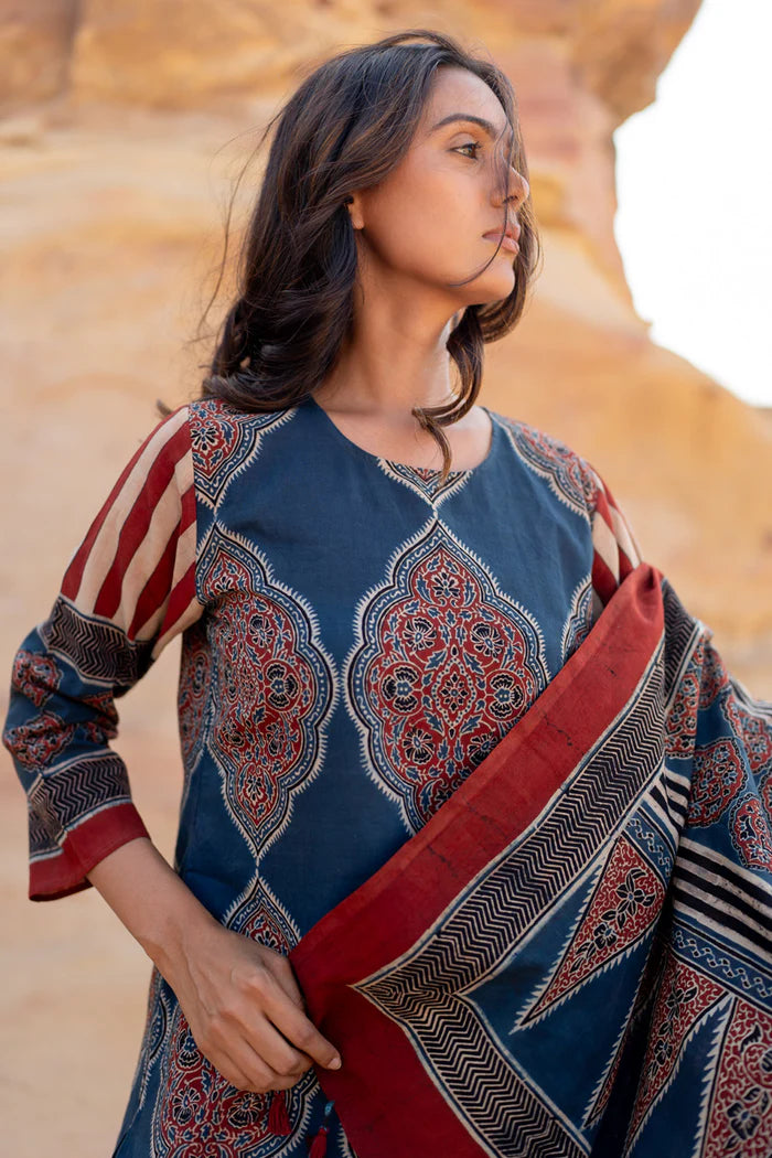 Ethnic Printed Cotton Kurta Set With Dupatta – Blue & Maroon