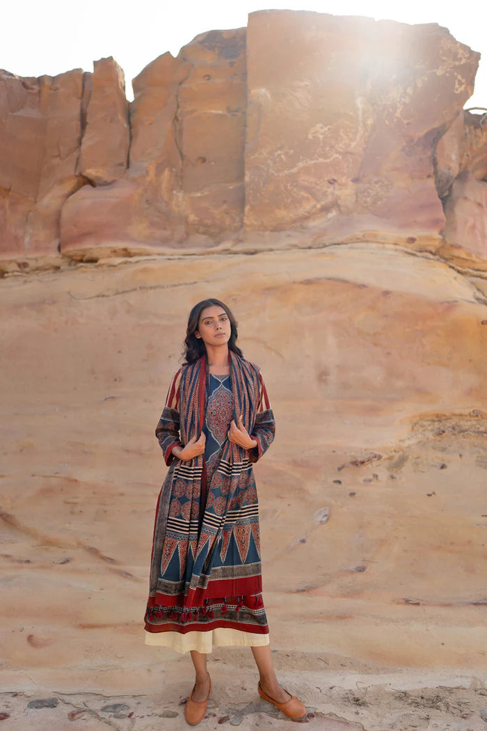 Ethnic Printed Cotton Kurta Set With Dupatta – Blue & Maroon