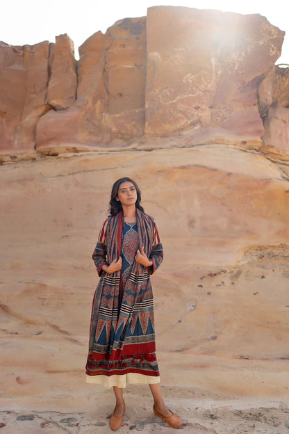 Ethnic Printed Cotton Kurta Set With Dupatta – Blue & Maroon