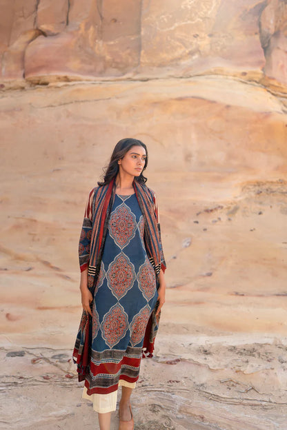 Ethnic Printed Cotton Kurta Set With Dupatta – Blue & Maroon