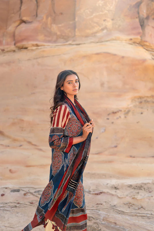 Ethnic Printed Cotton Kurta Set With Dupatta – Blue & Maroon