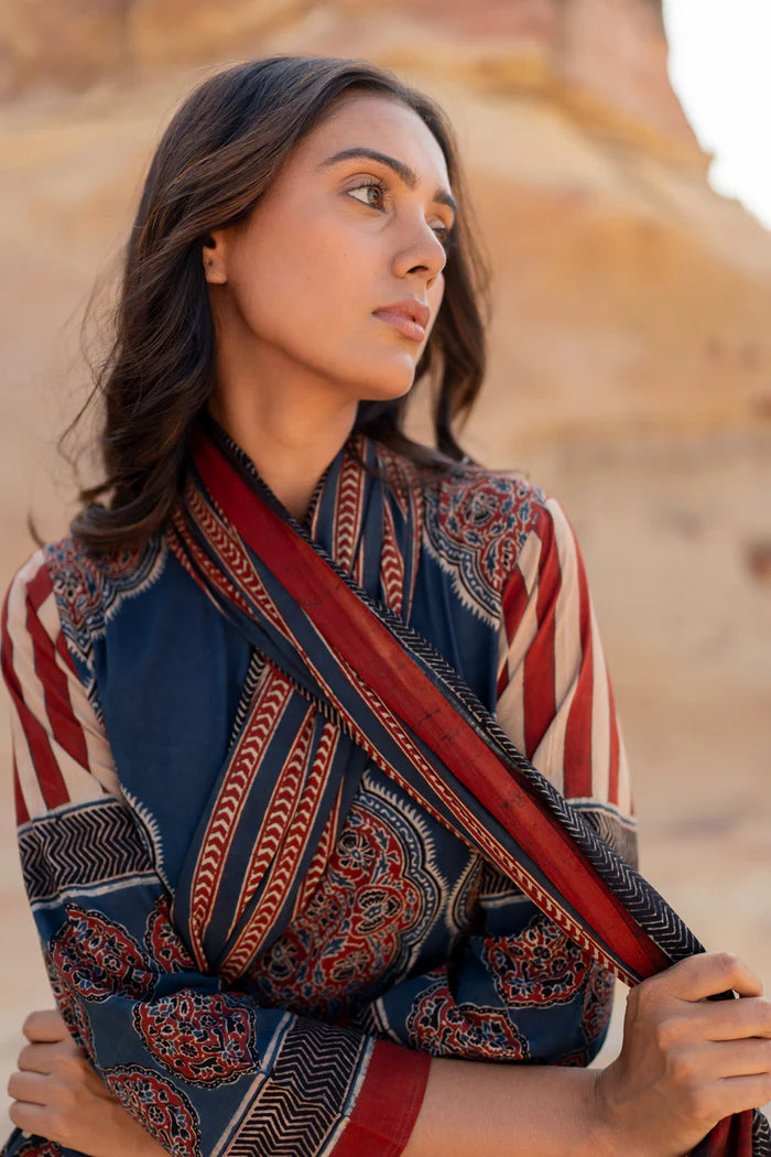 Ethnic Printed Cotton Kurta Set With Dupatta – Blue & Maroon