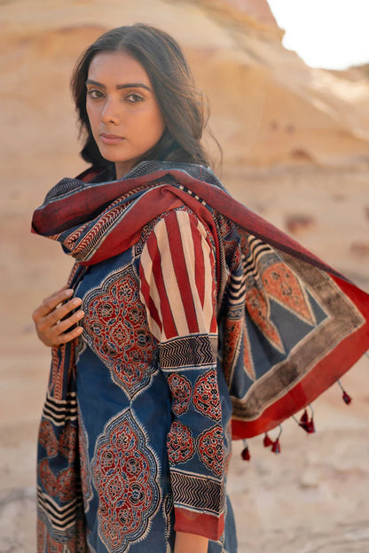 Ethnic Printed Cotton Kurta Set With Dupatta – Blue & Maroon