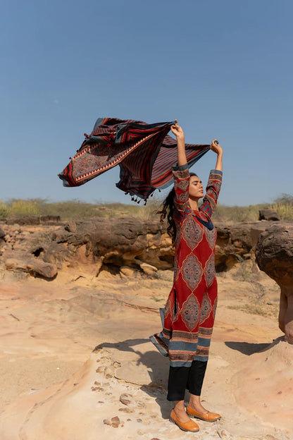 Maroon Traditional Motif Print Cotton Kurta With Dupatta