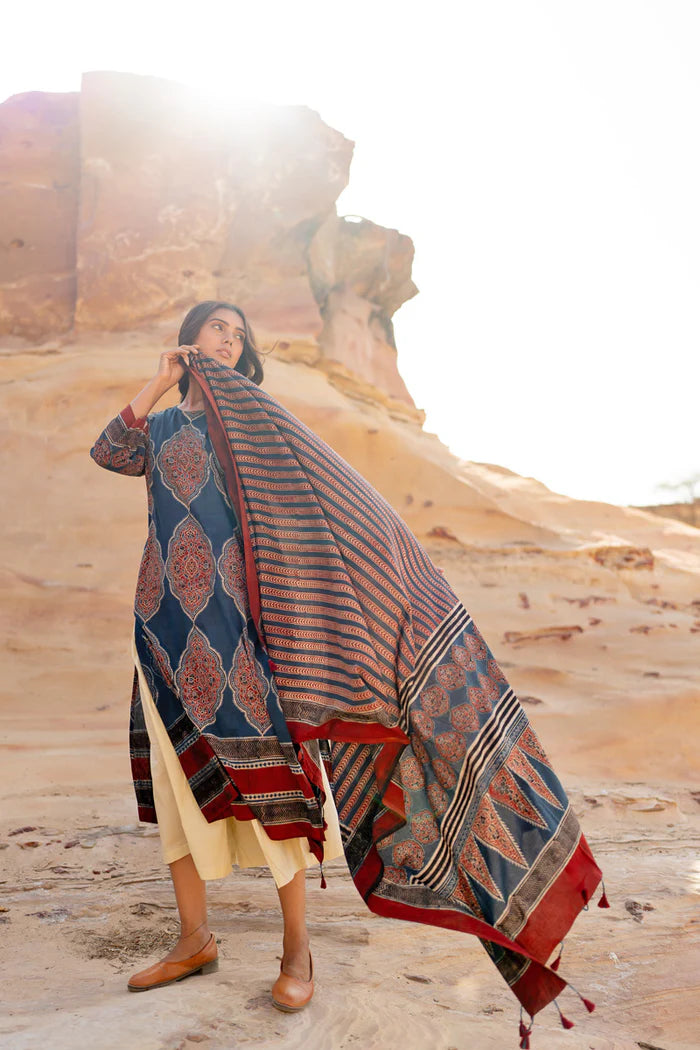 Ethnic Printed Cotton Kurta Set With Dupatta – Blue & Maroon