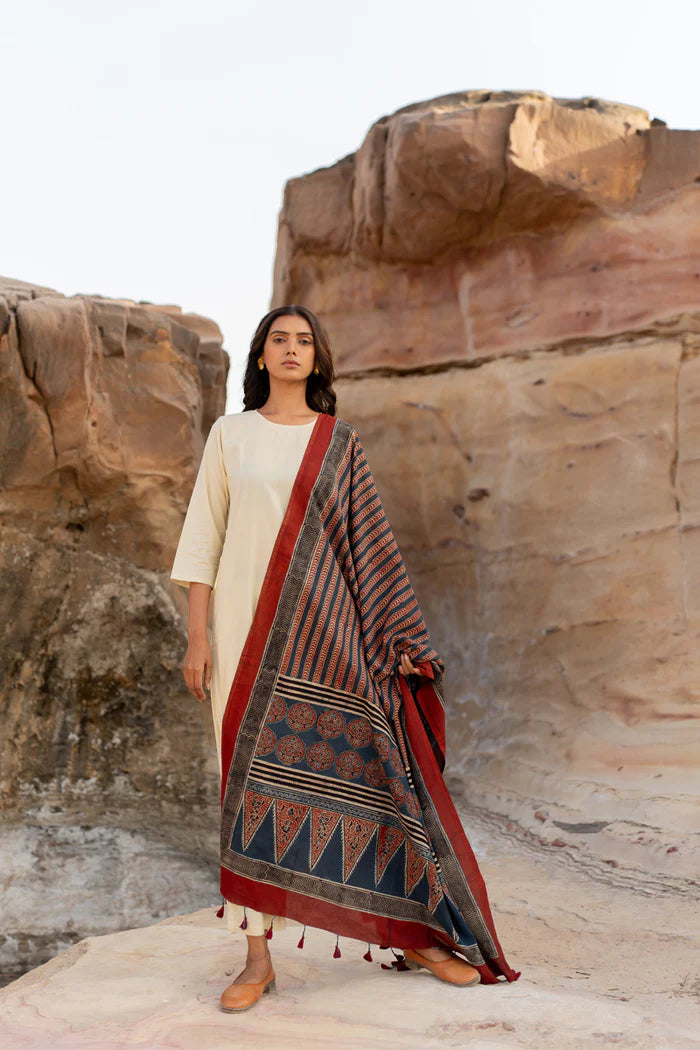 Ivory Cotton Kurta Set with Navy & Maroon Printed Dupatta