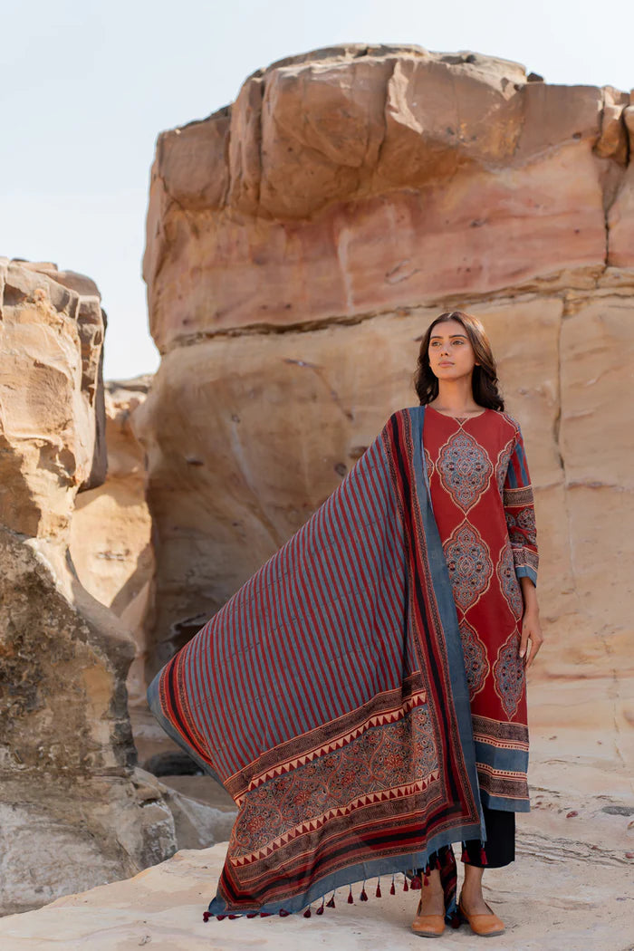 Maroon Traditional Motif Print Cotton Kurta With Dupatta