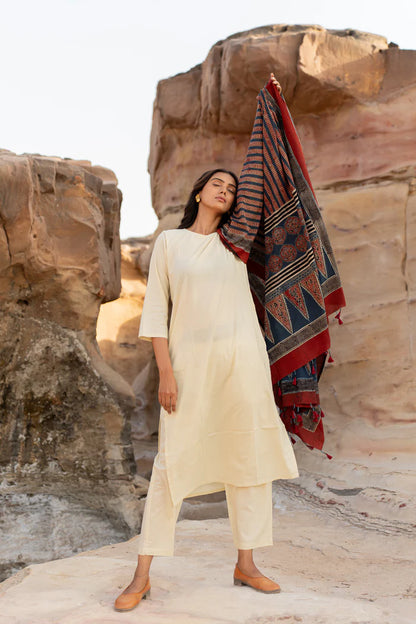 Ivory Cotton Kurta Set with Navy & Maroon Printed Dupatta