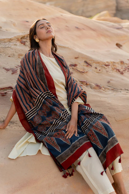 Ivory Cotton Kurta Set with Navy & Maroon Printed Dupatta