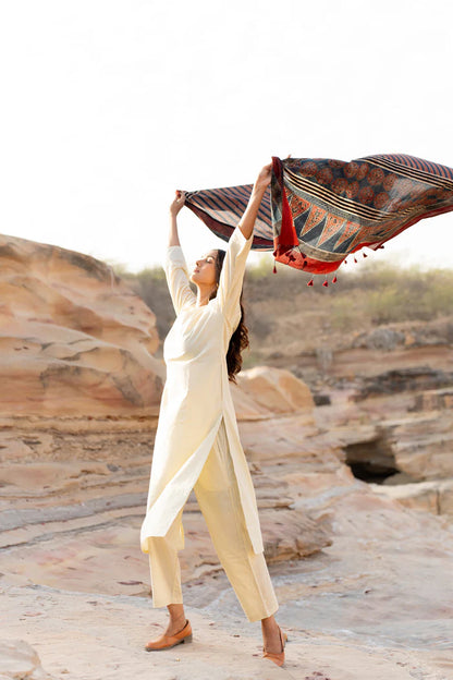Ivory Cotton Kurta Set with Navy & Maroon Printed Dupatta
