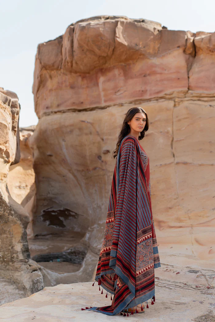 Maroon Traditional Motif Print Cotton Kurta With Dupatta