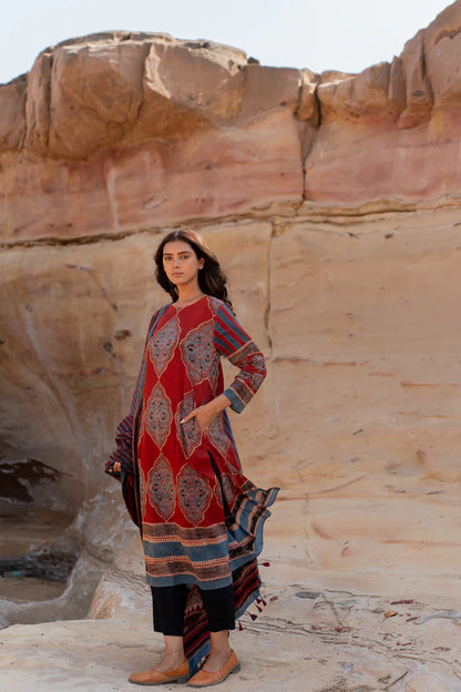 Maroon Traditional Motif Print Cotton Kurta With Dupatta