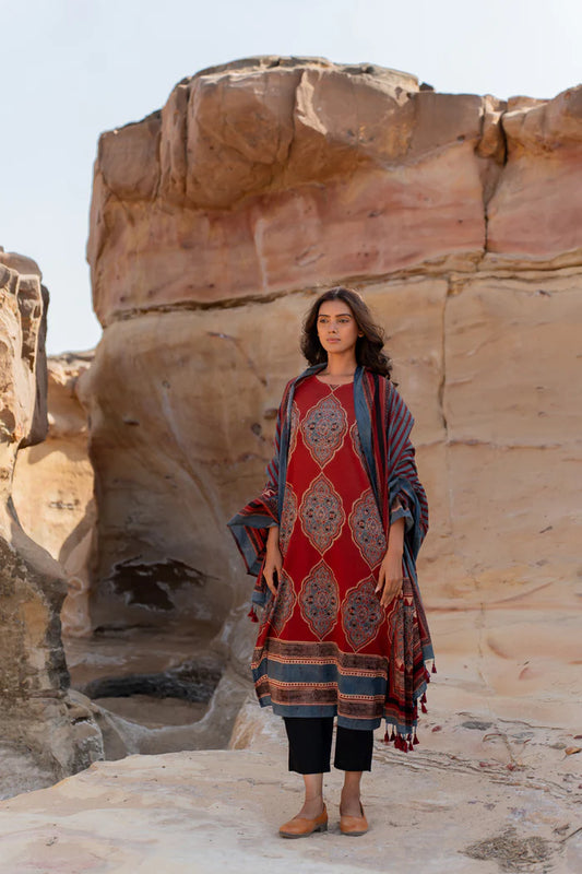 Maroon Traditional Motif Print Cotton Kurta With Dupatta