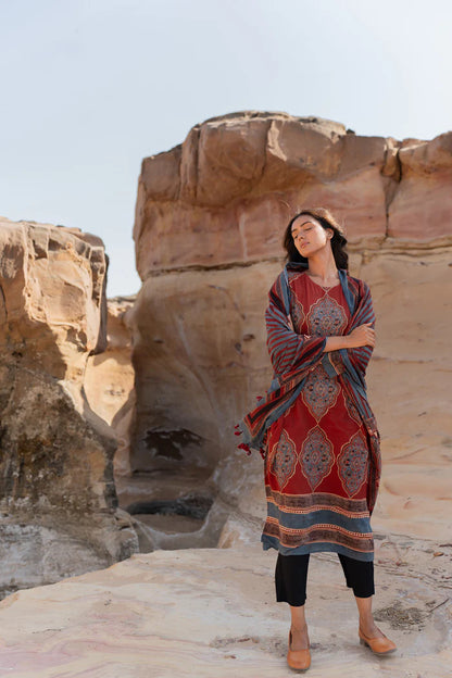 Maroon Traditional Motif Print Cotton Kurta With Dupatta