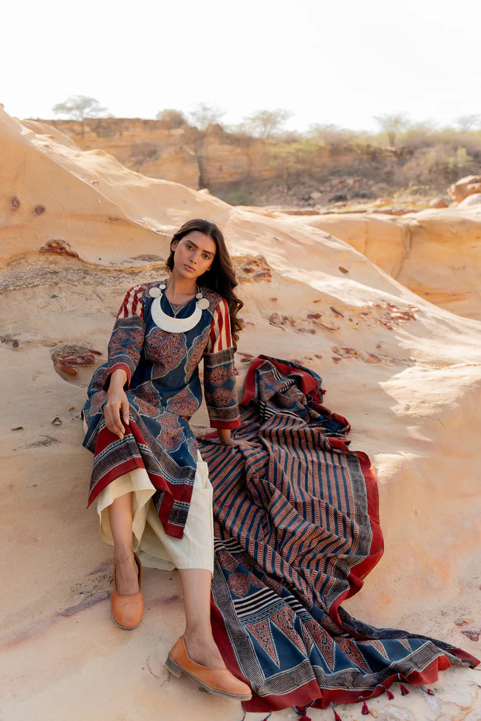 Ethnic Printed Cotton Kurta Set With Dupatta – Blue & Maroon