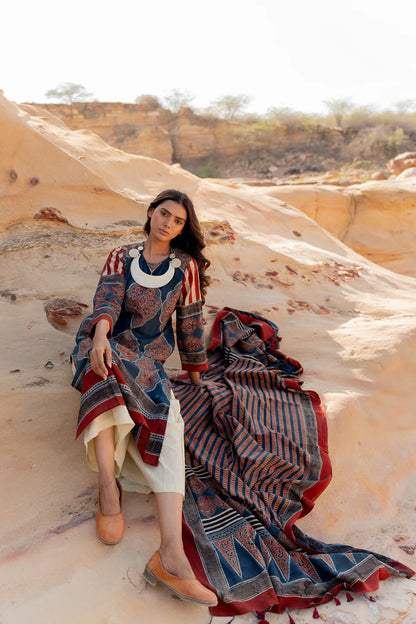 Ethnic Printed Cotton Kurta Set With Dupatta – Blue & Maroon