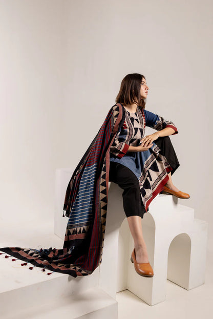 Indigo & Maroon Geometric Print Cotton Kurta With Dupatta