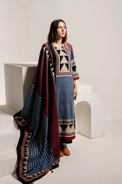 Indigo & Maroon Geometric Print Cotton Kurta With Dupatta