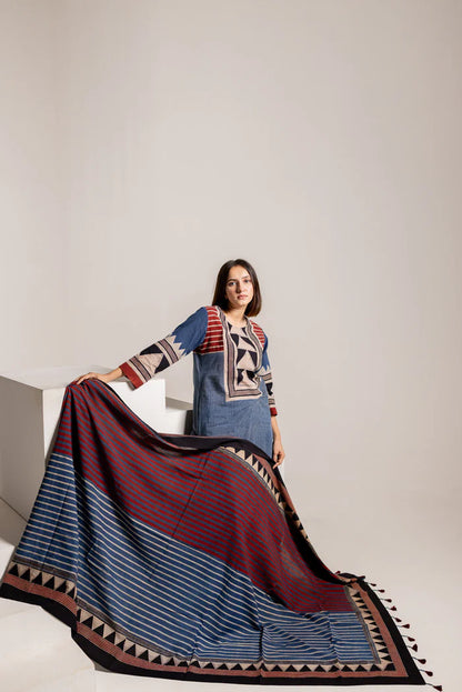 Indigo & Maroon Geometric Print Cotton Kurta With Dupatta
