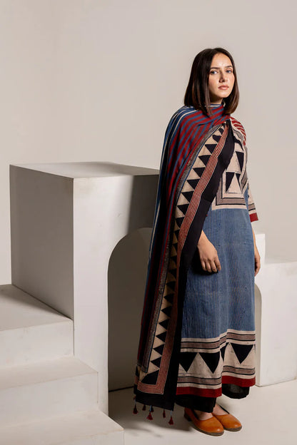 Indigo & Maroon Geometric Print Cotton Kurta With Dupatta