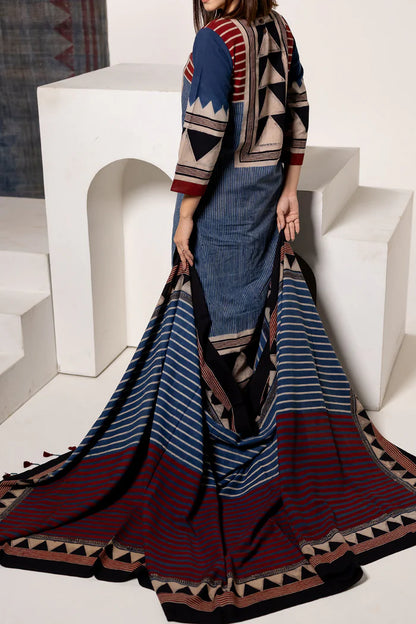 Indigo & Maroon Geometric Print Cotton Kurta With Dupatta