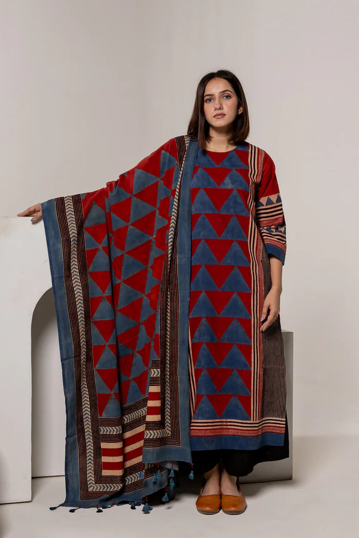 Red & Blue Geometric Block Print Cotton Kurta Set with Dupatta