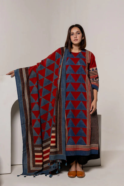 Red & Blue Geometric Block Print Cotton Kurta Set with Dupatta