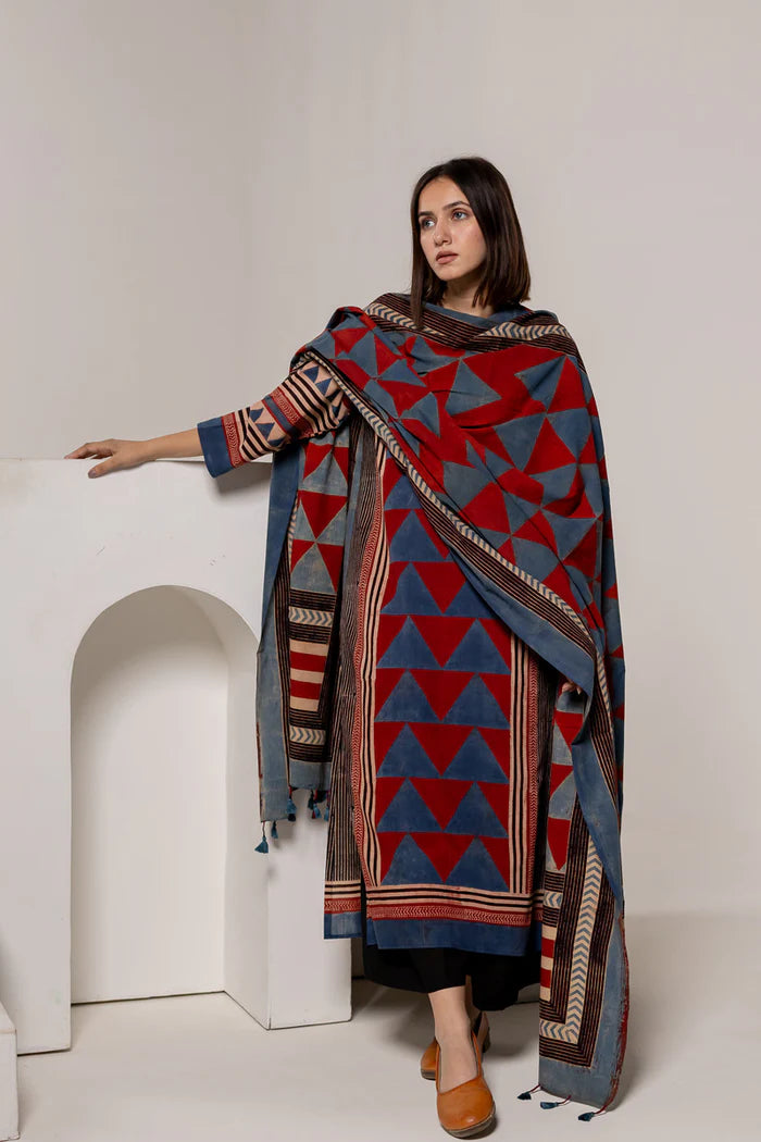 Red & Blue Geometric Block Print Cotton Kurta Set with Dupatta