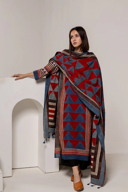 Red & Blue Geometric Block Print Cotton Kurta Set with Dupatta