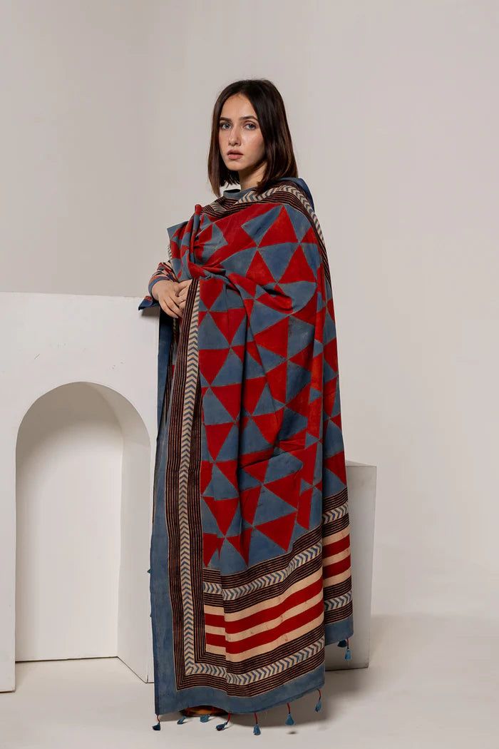 Red & Blue Geometric Block Print Cotton Kurta Set with Dupatta