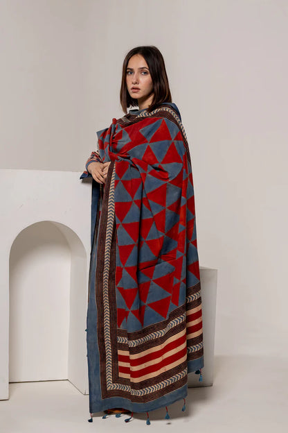 Red & Blue Geometric Block Print Cotton Kurta Set with Dupatta