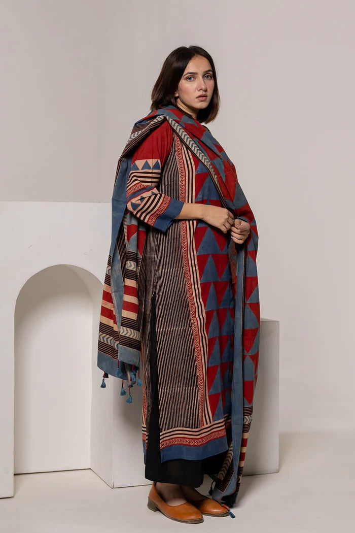 Red & Blue Geometric Block Print Cotton Kurta Set with Dupatta