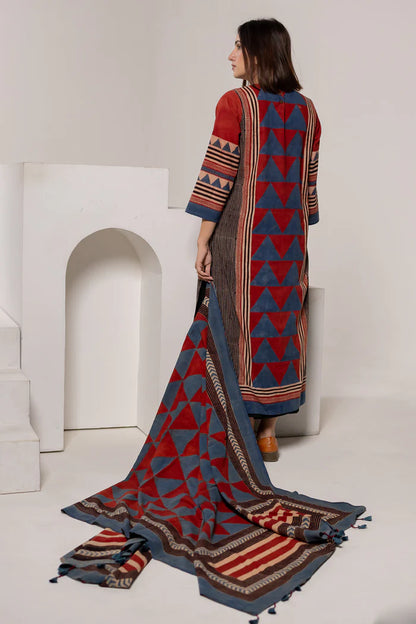 Red & Blue Geometric Block Print Cotton Kurta Set with Dupatta