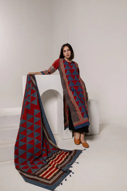 Red & Blue Geometric Block Print Cotton Kurta Set with Dupatta