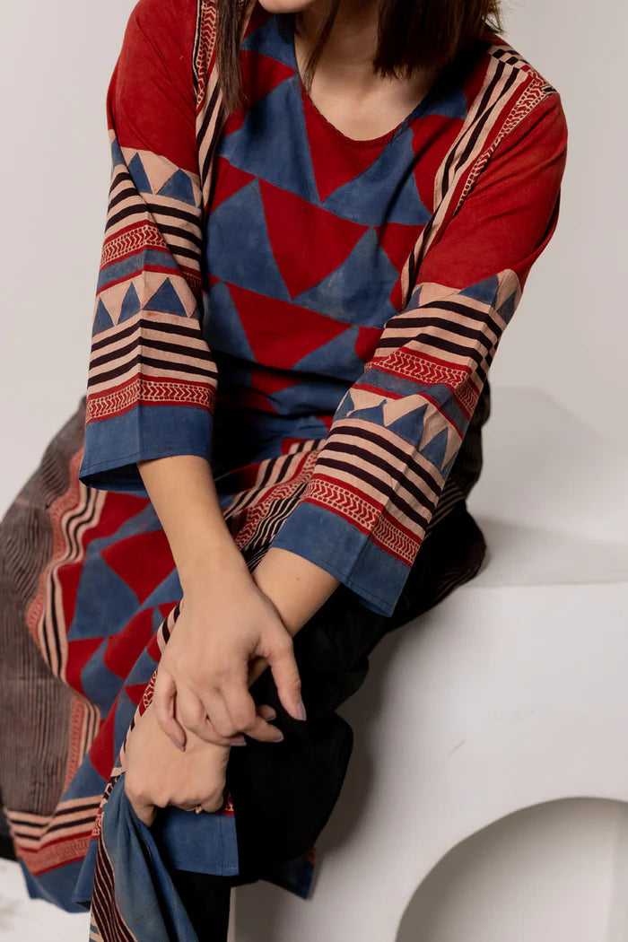 Red & Blue Geometric Block Print Cotton Kurta Set with Dupatta