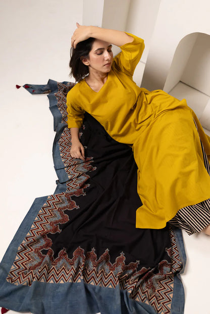 Mustard Yellow Cotton Kurta Set with Printed Dupatta & Striped Pants