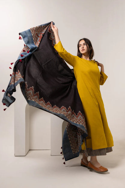 Mustard Yellow Cotton Kurta Set with Printed Dupatta & Striped Pants