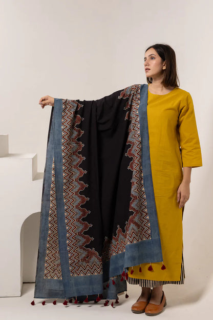 Mustard Yellow Cotton Kurta Set with Printed Dupatta & Striped Pants