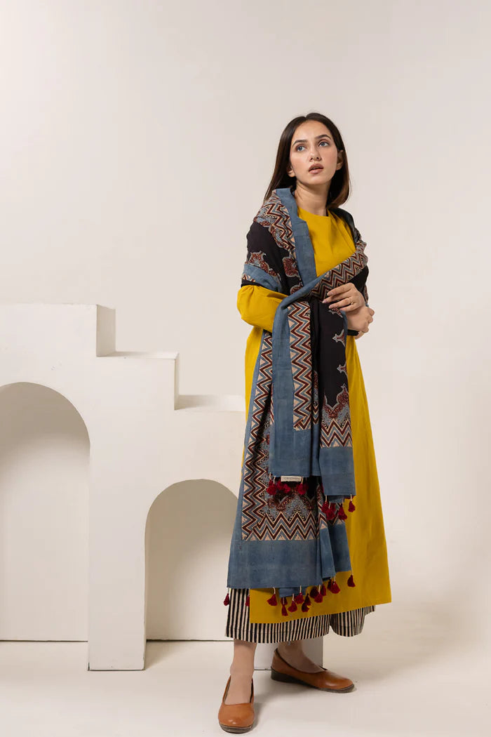 Mustard Yellow Cotton Kurta Set with Printed Dupatta & Striped Pants