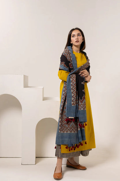 Mustard Yellow Cotton Kurta Set with Printed Dupatta & Striped Pants
