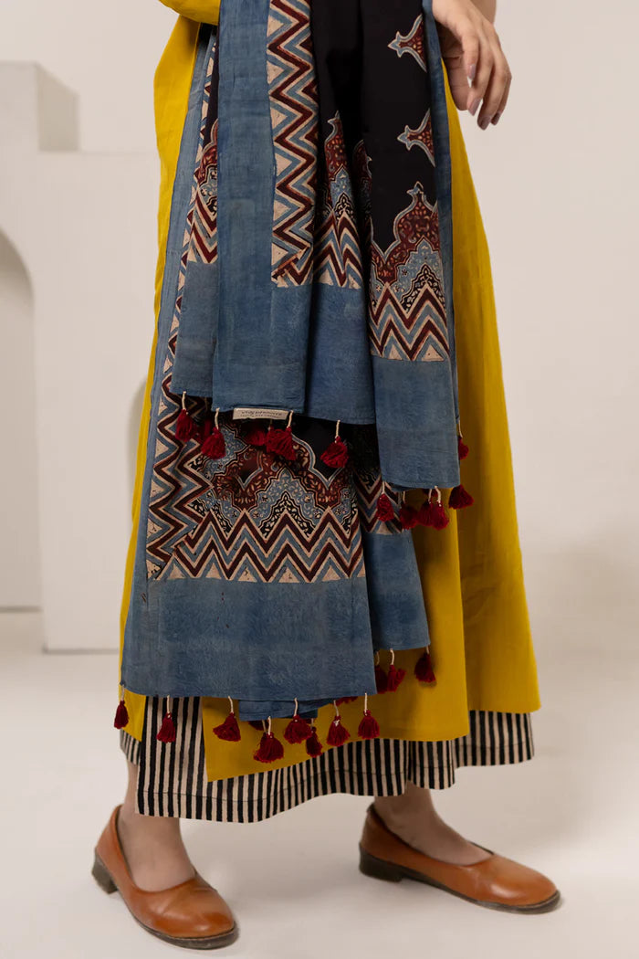 Mustard Yellow Cotton Kurta Set with Printed Dupatta & Striped Pants