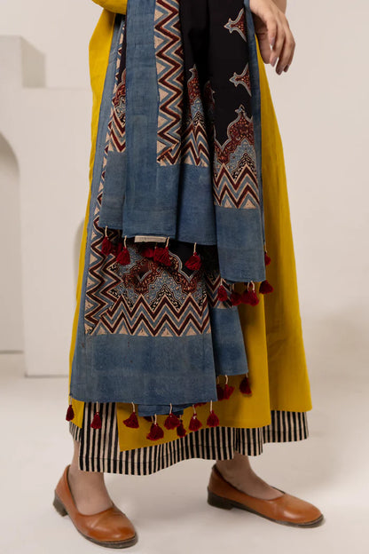 Mustard Yellow Cotton Kurta Set with Printed Dupatta & Striped Pants