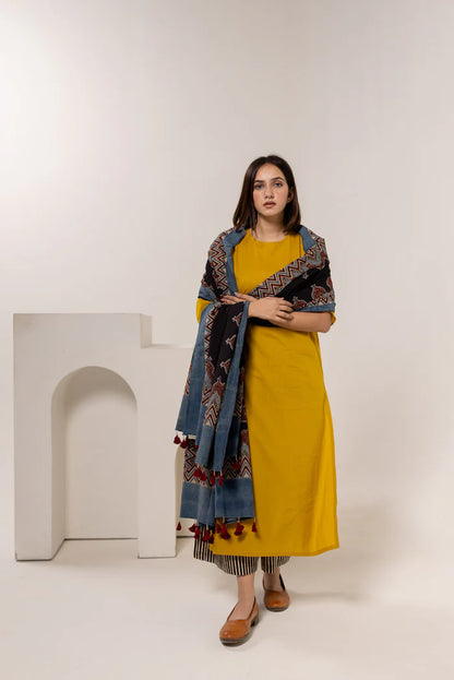 Mustard Yellow Cotton Kurta Set with Printed Dupatta & Striped Pants