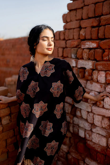 Black Printed Cotton Kurta with Beige Striped Pants – Casual Summer Set