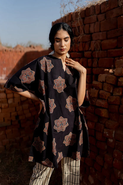 Black Printed Cotton Kurta with Beige Striped Pants – Casual Summer Set