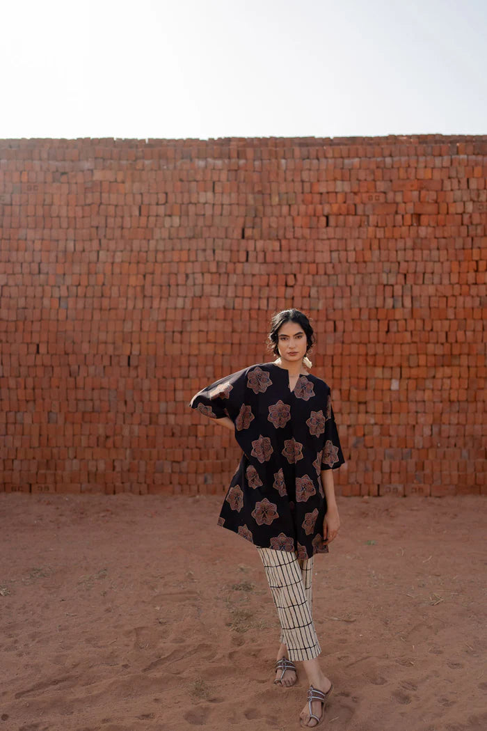 Black Printed Cotton Kurta with Beige Striped Pants – Casual Summer Set