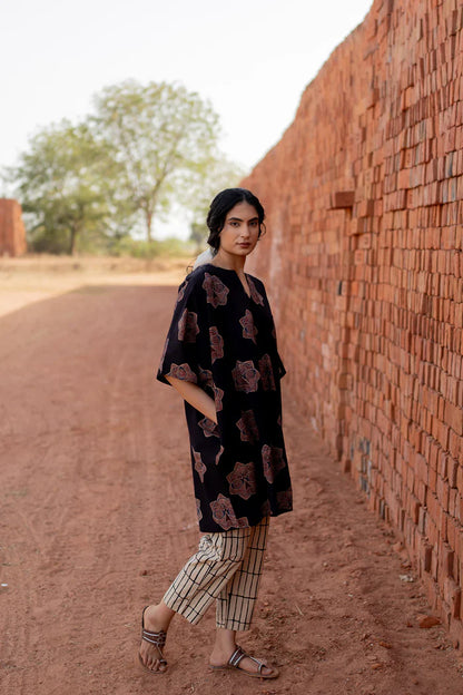 Black Printed Cotton Kurta with Beige Striped Pants – Casual Summer Set