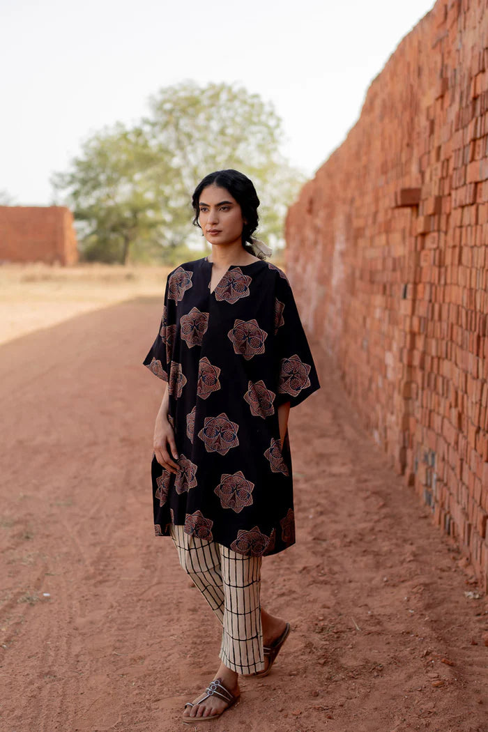 Black Printed Cotton Kurta with Beige Striped Pants – Casual Summer Set