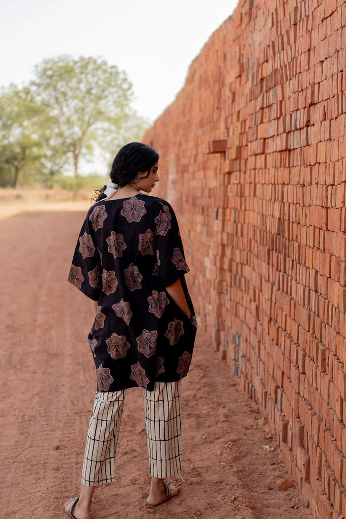 Black Printed Cotton Kurta with Beige Striped Pants – Casual Summer Set